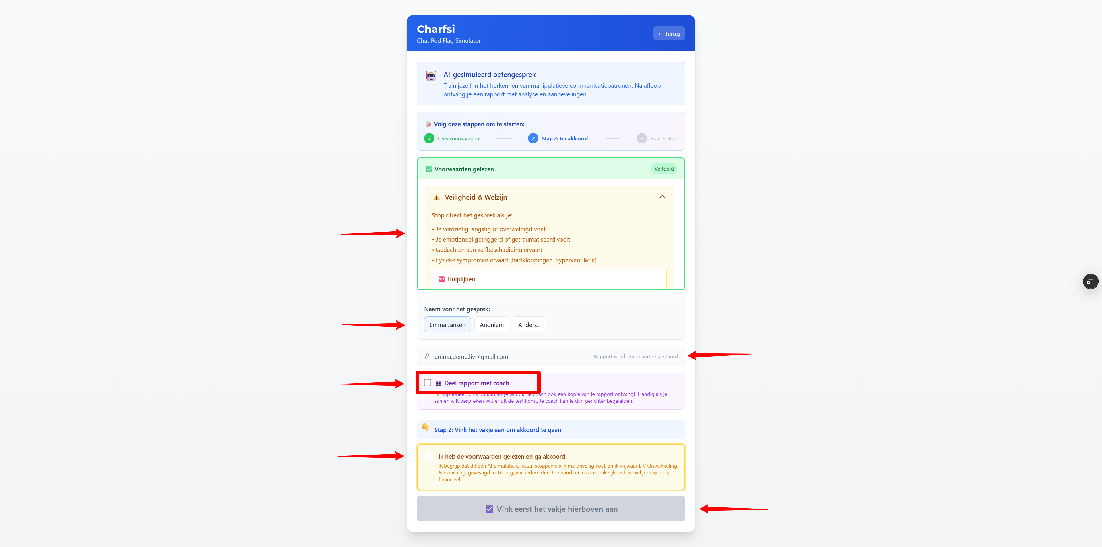 Stap 4: Setup: voordat je gaat chatten β Welkom & voorwaarden: Screenshot: welkomstscherm met korte uitleg